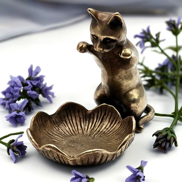 VTG SPI San Francisco Brass Cat Kitty Lotus Flower Trinket Dish Candle Holder - Picture 1 of 10